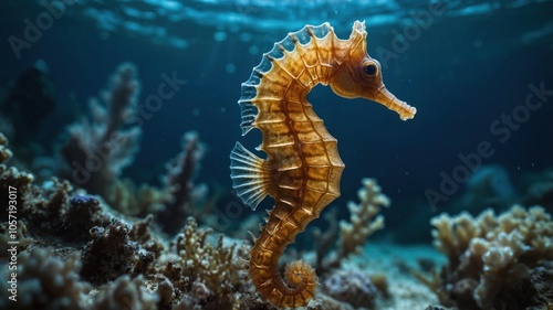 A close-up of a seahorse swimming among coral in a vibrant underwater scene.