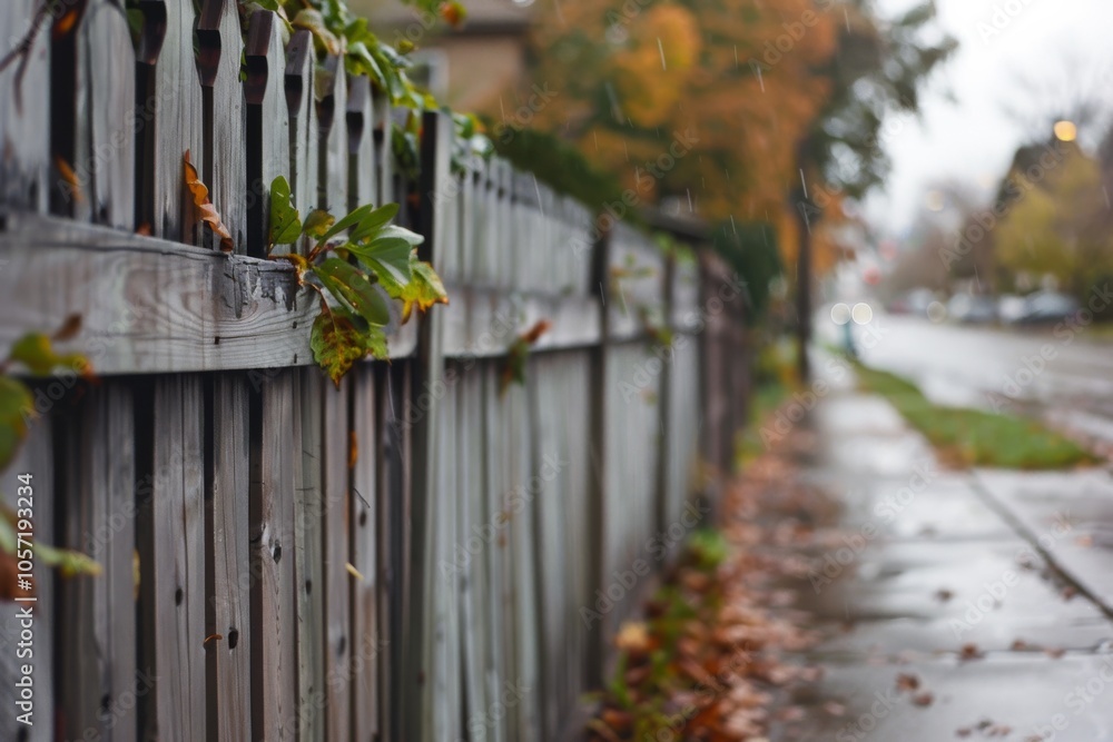 A rain-soaked wooden fence adorned with autumn leaves stretches alongside a misty street, capturing a serene, reflective autumnal moment. A rain-soaked wooden fence adorned with autumn leaves stretches alongside a misty street, capturing a serene, reflective autumnal moment.