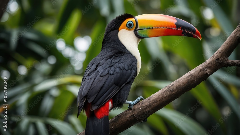 A vibrant toucan perched on a branch amidst lush greenery. A vibrant toucan perched on a branch amidst lush greenery.
