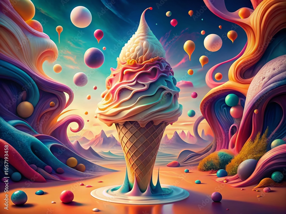 Fototapeta premium Surreal Vanilla Ice Cream Delight: A Dreamy Dessert Fantasy for Food Lovers and Art Enthusiasts