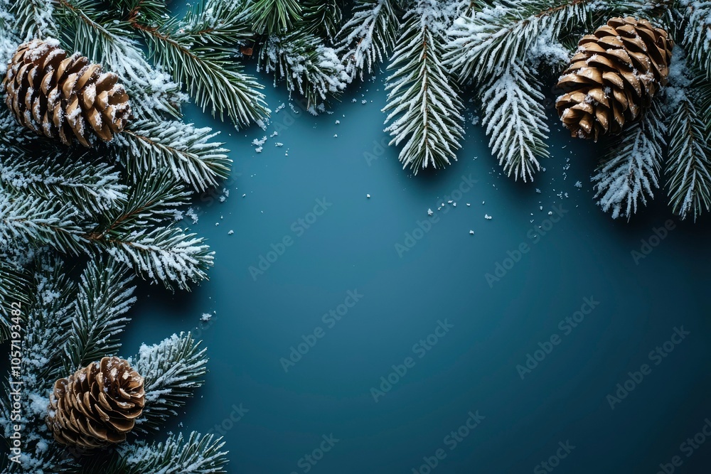 Snow-Covered Pine Branches with Golden Pine Cones on a Blue Background Snow-Covered Pine Branches with Golden Pine Cones on a Blue Background