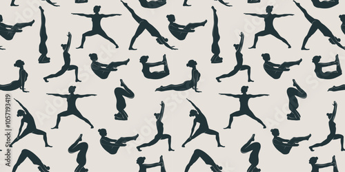 Woman doing yoga seamless pattern. The concept of sport, gym, yoga, pilates, fitness, meditation and relax. Health care and lifestyle concept. Vector illustration.
