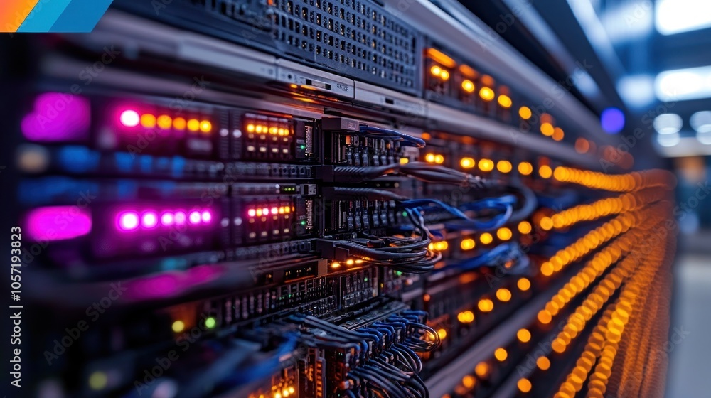 Server rack with illuminated components in a data center. Server rack with illuminated components in a data center.