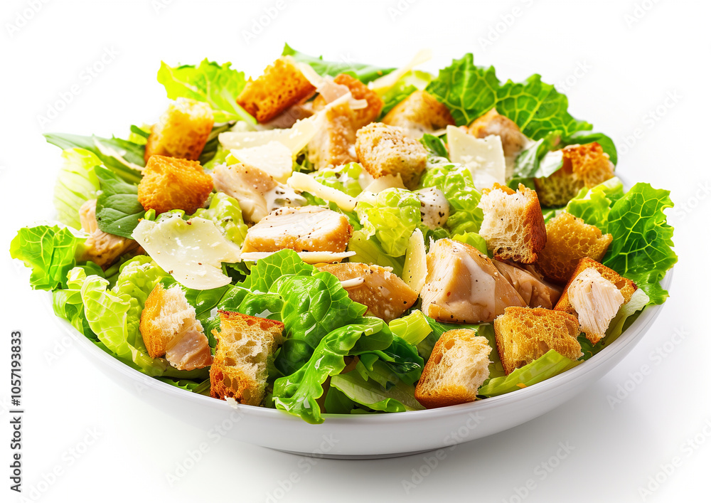 Classic caesar salad with romaine lettuce, croutons, grilled chicken, and parmesan cheese in fresh serving bowl