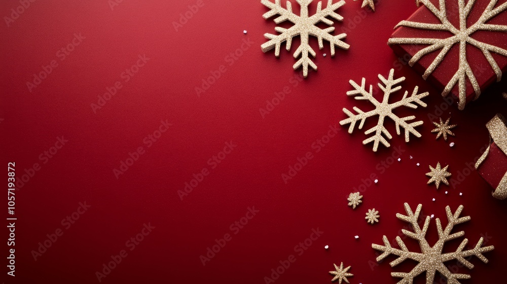Golden snowflakes falling on a red background Golden snowflakes falling on a red background