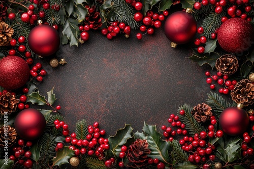 Festive Christmas Decoration with Red Baubles, Holly, and Pine Cones