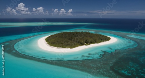 Aerial of isolated island with pristine white beaches