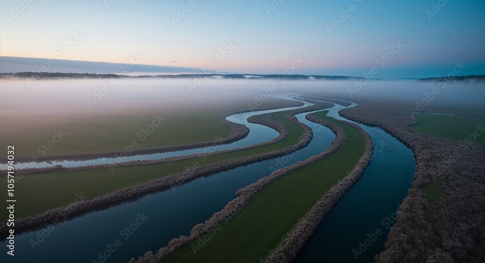 Aerial of meandering river through misty morning landscape Aerial of meandering river through misty morning landscape