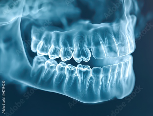 X-ray scan of human teeth, highlighting important dental details. Professional photo taken with a professional DSLR camera. photo