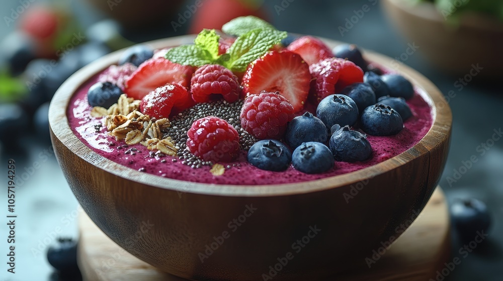 Vibrant acai smoothie bowl, fresh berries, chia seeds, granola, rustic wooden bowl, healthy breakfast option, colorful and nutritious Vibrant acai smoothie bowl, fresh berries, chia seeds, granola, rustic wooden bowl, healthy breakfast option, colorful and nutritious