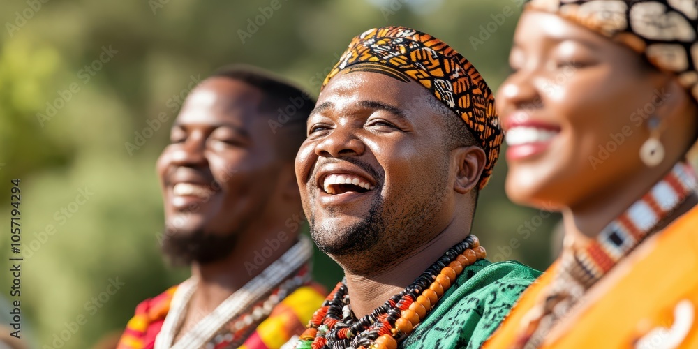 Fototapeta premium Joyful group celebrating together, showcasing vibrant traditional attire and smiles in a cultural setting.