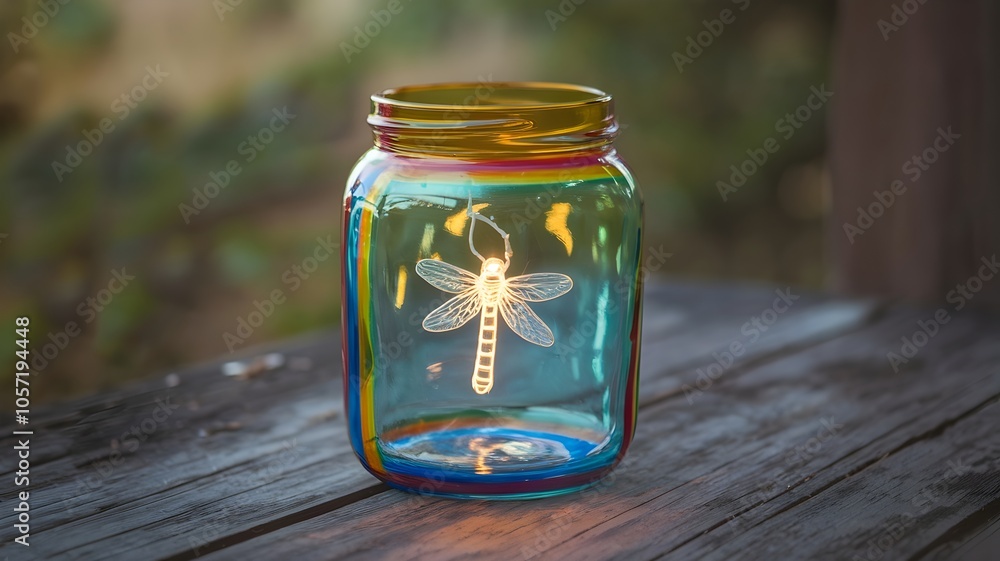 Colorful glass jar with firefly light glowing on wooden surface Colorful glass jar with firefly light glowing on wooden surface