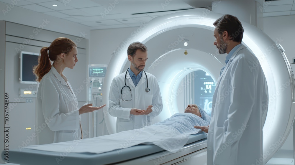 Team of three doctors discussing MRI scan results of a patient’s head in a consulting room at a modern hospital. Team of three doctors discussing MRI scan results of a patient’s head in a consulting room at a modern hospital.