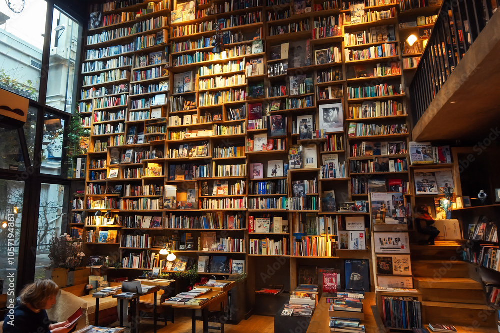 a large bookshelf on the entire wall filled with various books a large bookshelf on the entire wall filled with various books