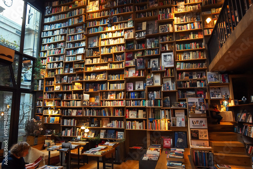 a large bookshelf on the entire wall filled with various books