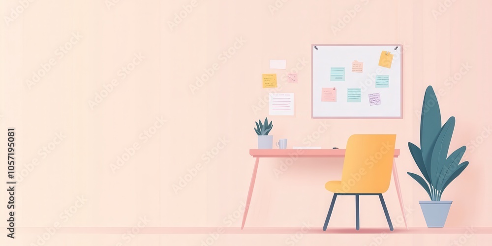 Modern workspace featuring a pastel background, a yellow chair, desk, and indoor plant. Modern workspace featuring a pastel background, a yellow chair, desk, and indoor plant.