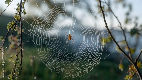 Wallpaper Mural Dewy spider web glistening in morning light, spider at center, branches and foliage Torontodigital.ca