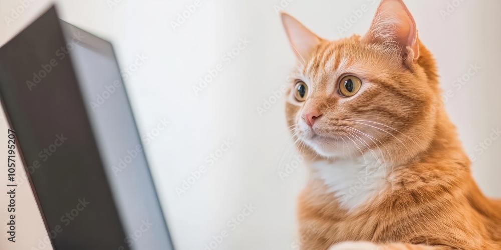 Orange cat curiously watching a screen, displaying a sense of wonder and engagement.