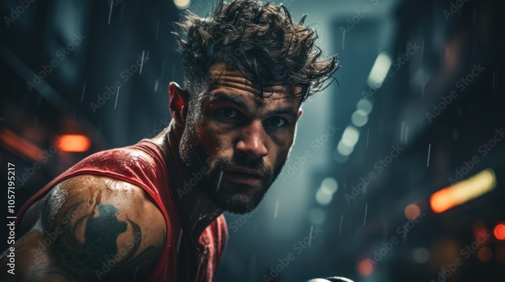 A determined athlete training in a rain-soaked urban environment, showcasing strength and focus. A determined athlete training in a rain-soaked urban environment, showcasing strength and focus.