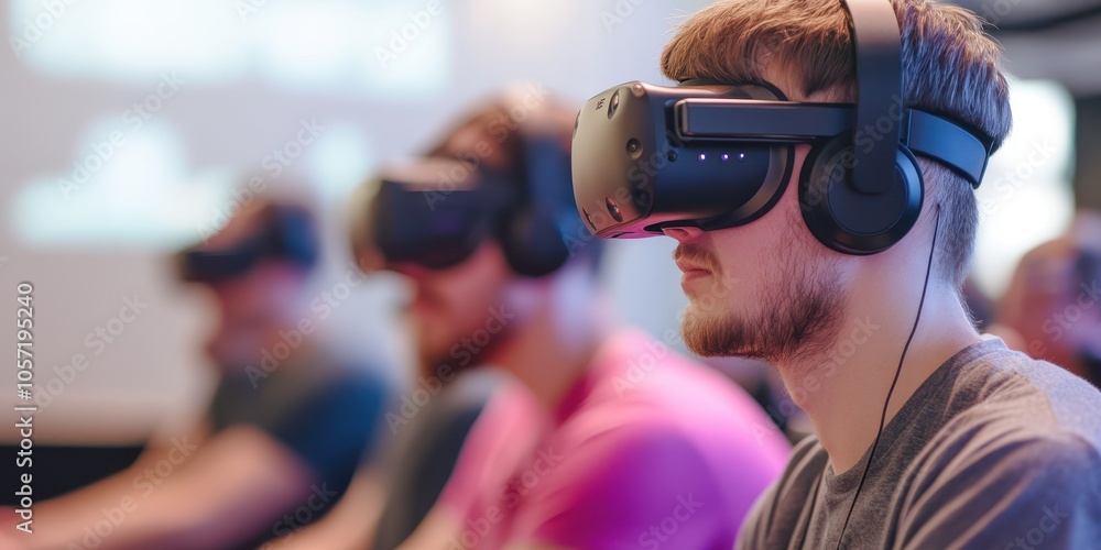 People immersed in virtual reality experiences, wearing VR headsets and headphones in a modern tech environment. People immersed in virtual reality experiences, wearing VR headsets and headphones in a modern tech environment.