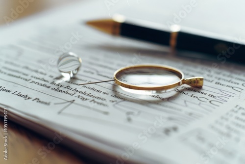 Wallpaper Mural A gold wedding ring and a magnifying glass rest on a legal document, reflecting themes of commitment and scrutiny. Torontodigital.ca