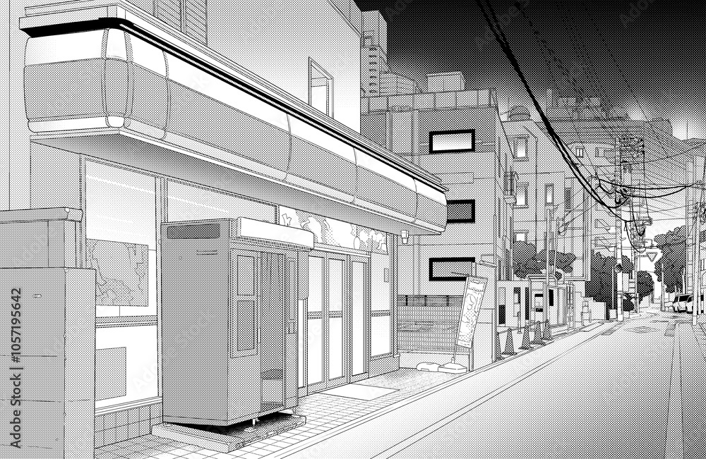 Obraz premium 漫画風ペン画イラスト 繁華街_街並