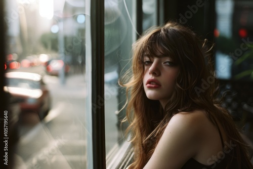 A woman gazes out of a window, her expression contemplative as urban life blurs past her, captured in a moment of daydream.