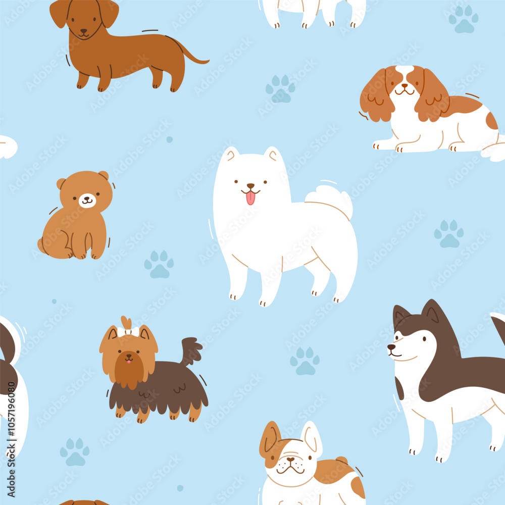 Fototapeta premium Cute dogs pattern. Seamless vector print with flat dogs. Adorable cartoon puppies pattern.