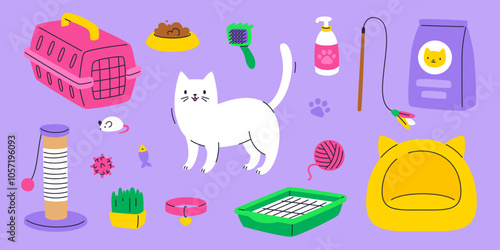 Cat with grooming accessories set. Cute vector grooming supplies collection. Colorful cats goods bundle.