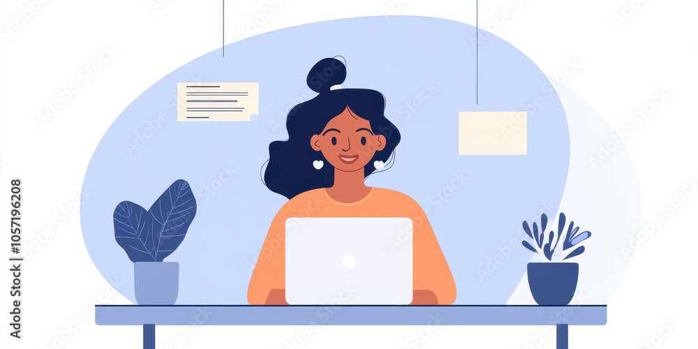 Smiling woman working on a laptop surrounded by plants, modern workspace, creative atmosphere. Smiling woman working on a laptop surrounded by plants, modern workspace, creative atmosphere.