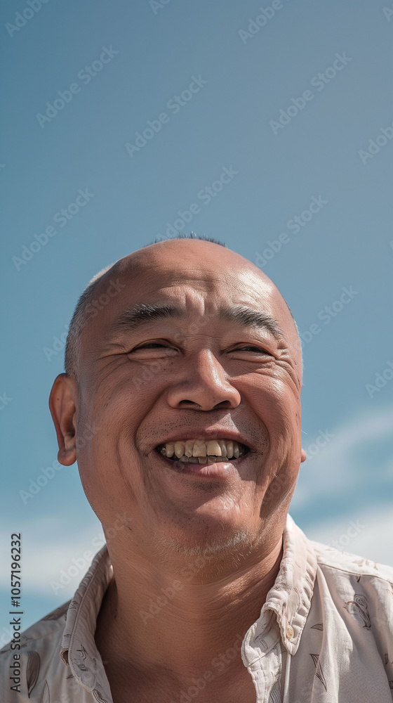 Laughing older Asian man under a blue sky. Laughing older Asian man under a blue sky.