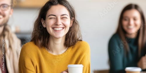 Smiling young woman enjoying her beverage in a cozy cafe, surrounded by friends, conveying joy and connection in everyday moments.