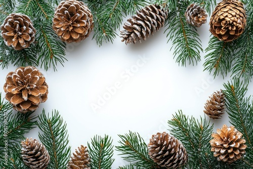 Frosted Pine Cones and Evergreen Branches Forming a Frame on a White Background