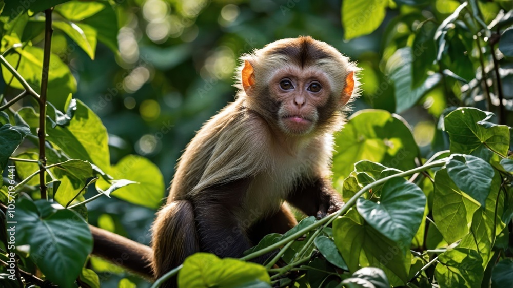 A young monkey perched among lush green leaves, showcasing its curious expression. A young monkey perched among lush green leaves, showcasing its curious expression.