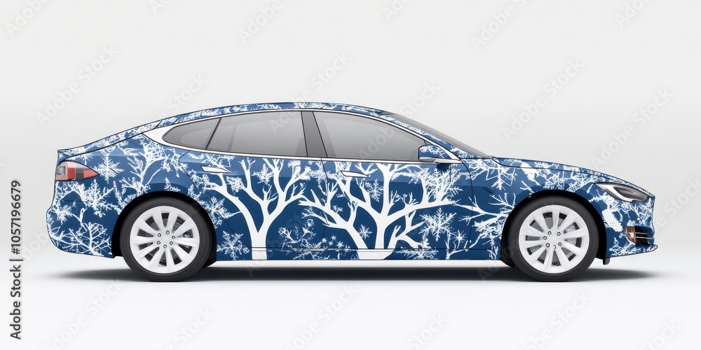 Stylish car wrapped with artistic tree designs, isolated on a white background. Stylish car wrapped with artistic tree designs, isolated on a white background.