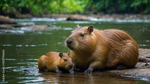 Two capybaras resting by a riverbank, showcasing their natural habitat.