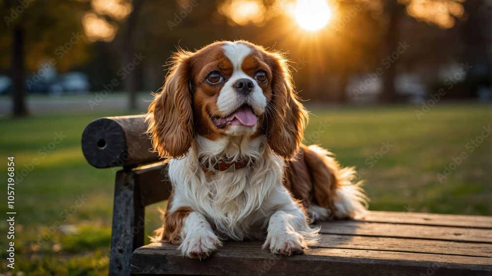 A dog lounging on a bench during sunset in a park. A dog lounging on a bench during sunset in a park.