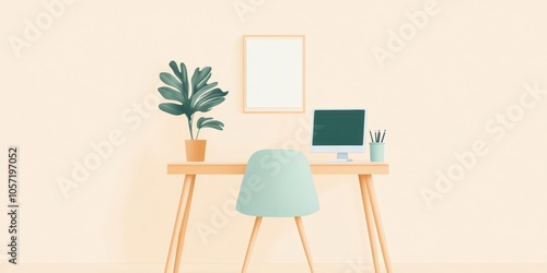 Stylish workspace with a computer, chair, and potted plants, featuring a minimalistic design for a modern home office.