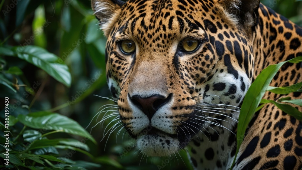 A close-up of a jaguar's face amidst lush green foliage. A close-up of a jaguar's face amidst lush green foliage.