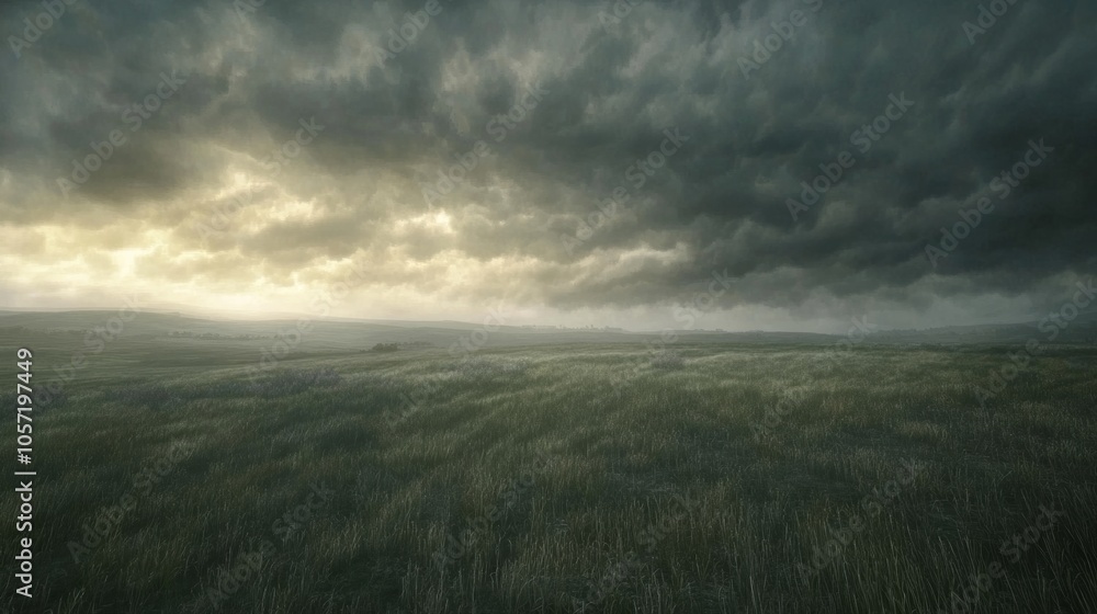 Obraz premium Storm over a flat meadow, with dark clouds swirling, generative ai