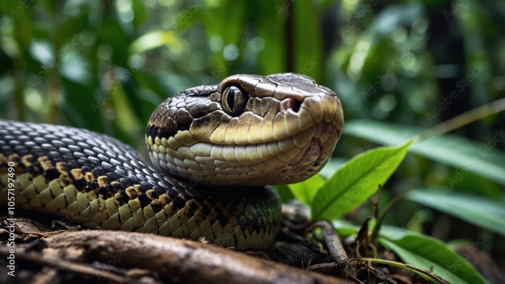 A close-up of a snake resting on the ground in a lush, green environment. A close-up of a snake resting on the ground in a lush, green environment.
