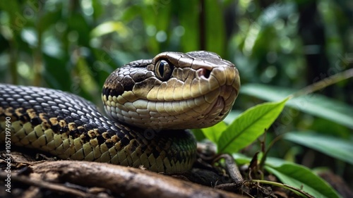 A close-up of a snake resting on the ground in a lush, green environment.