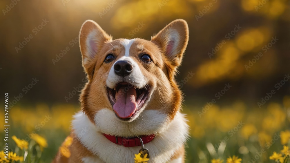A happy corgi sitting in a field of yellow flowers, enjoying a sunny day. A happy corgi sitting in a field of yellow flowers, enjoying a sunny day.