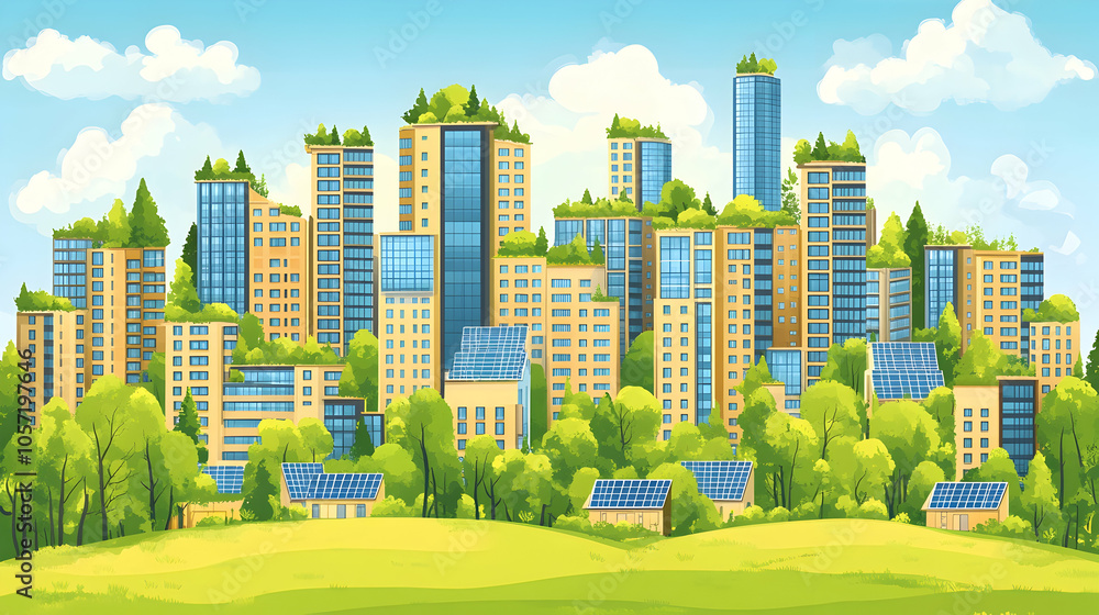 Obraz premium Green city with solar panels on buildings and roofs.