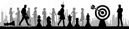 Vektor Silhouetten Mann und Frau auf dem Weg zum Ziel - Taktik und Strategie mit Schachfiguren - Business und Gesellschaft