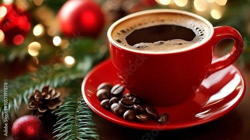 Wallpaper Mural Red coffee cup with coffee and coffee beans on a red plate Torontodigital.ca