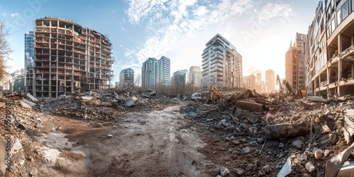 Fototapeta Naklejka Na Ścianę i Meble -  Panoramic shot of a collapsed, modern city street during the daytime, capturing apocalyptic destruction, in high resolution.