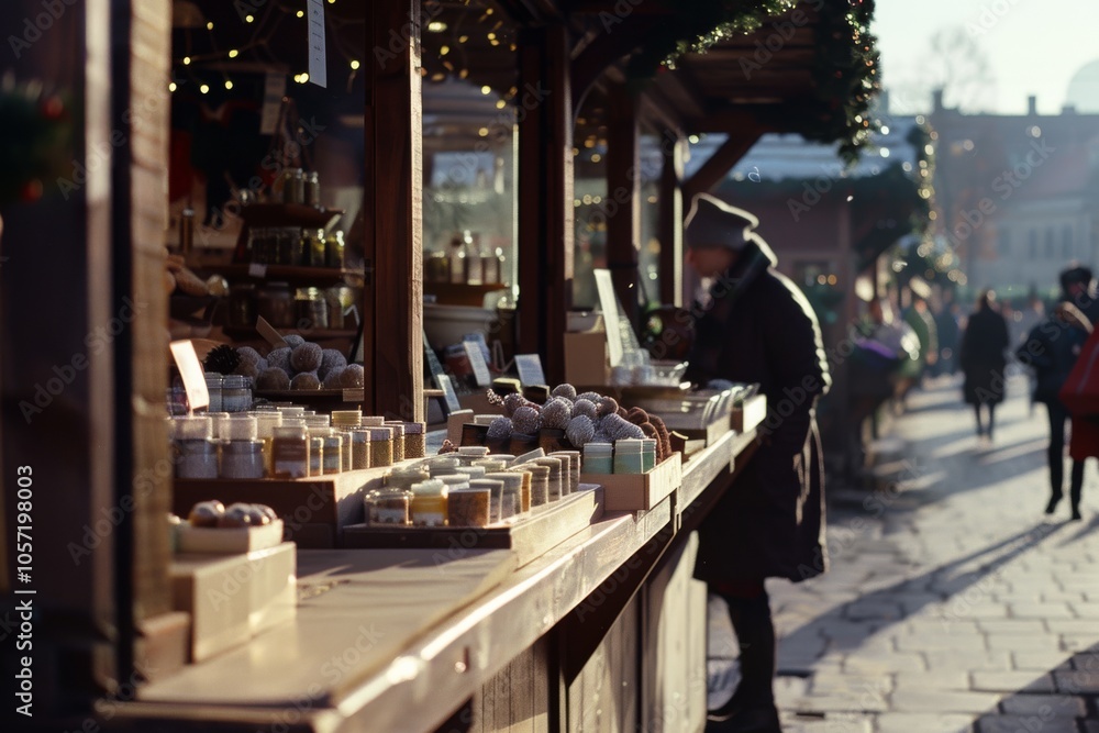 A serene street market scene with warm lighting highlights handcrafted goods displayed elegantly, as a silhouette explores the charming pathway. A serene street market scene with warm lighting highlights handcrafted goods displayed elegantly, as a silhouette explores the charming pathway.