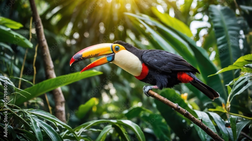 A vibrant toucan perched on a branch amidst lush tropical foliage. A vibrant toucan perched on a branch amidst lush tropical foliage.