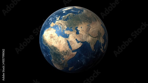 A detailed 3D rendering of planet Earth, showcasing continents, oceans, and a black background.